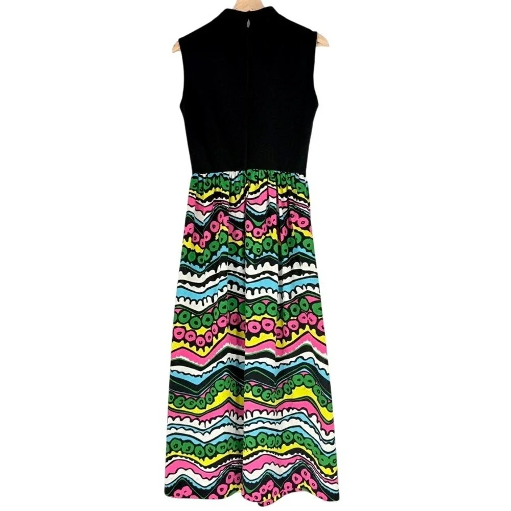 Vintage 60s 70s Psychedelic‎ Print Maxi Dress Black Mock Neck Sleeveless